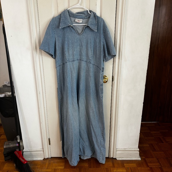 cotton ginny Dresses & Skirts - Light Wash Denim Maxi Dress with Collared V-Neck